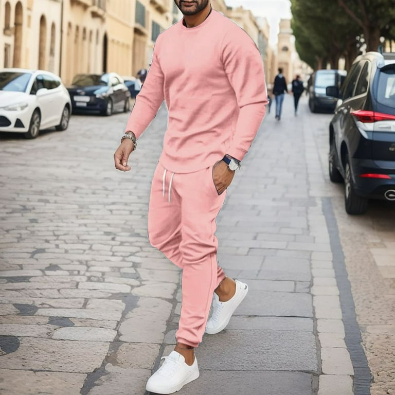 RATTOYY Sets For Men Clothing Two Piece Autumn Solid Color O Neck Long Sleeve Shirts Long Pants Sets Male Clothes Sets Vacation Cute Basic Dailywear