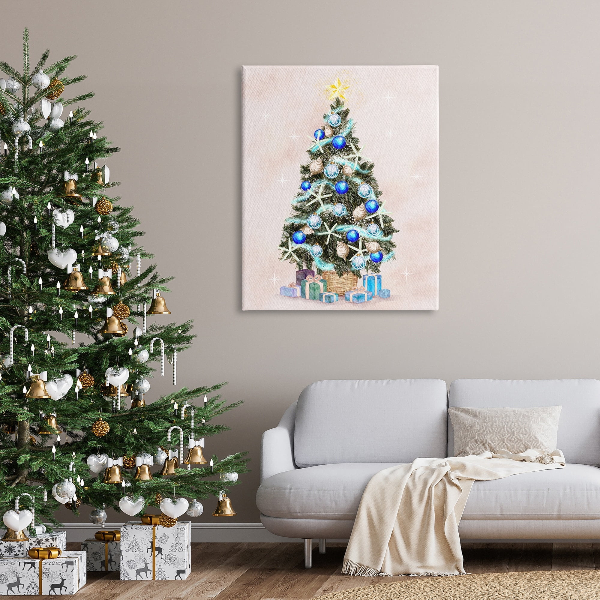 Glimmering Blue Christmas Tree Ornaments & Presents Botanical & Floral Painting Gallery-Wrapped Canvas Print Wall Art