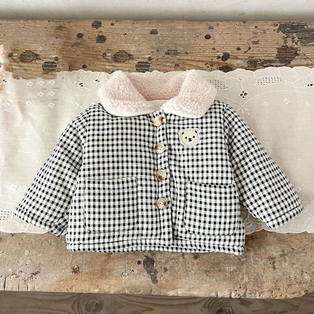 Chaquetas y abrigos casuales de manga larga sin capucha para niños, otoño e invierno, de manga larga, con cuello a cuadros, bordado de osito de peluche, chaqueta de manga larga con botones, abrigo de