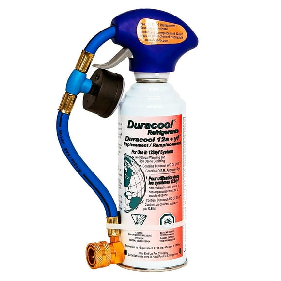 Duracool® 12a-yf refrigerant for 1234yf Mobile A/C systems, 8 oz. Can. Mounted Charging Hose with Pressure Gauge & Quick Connect. Allows for Quick Install Without Assembly.
