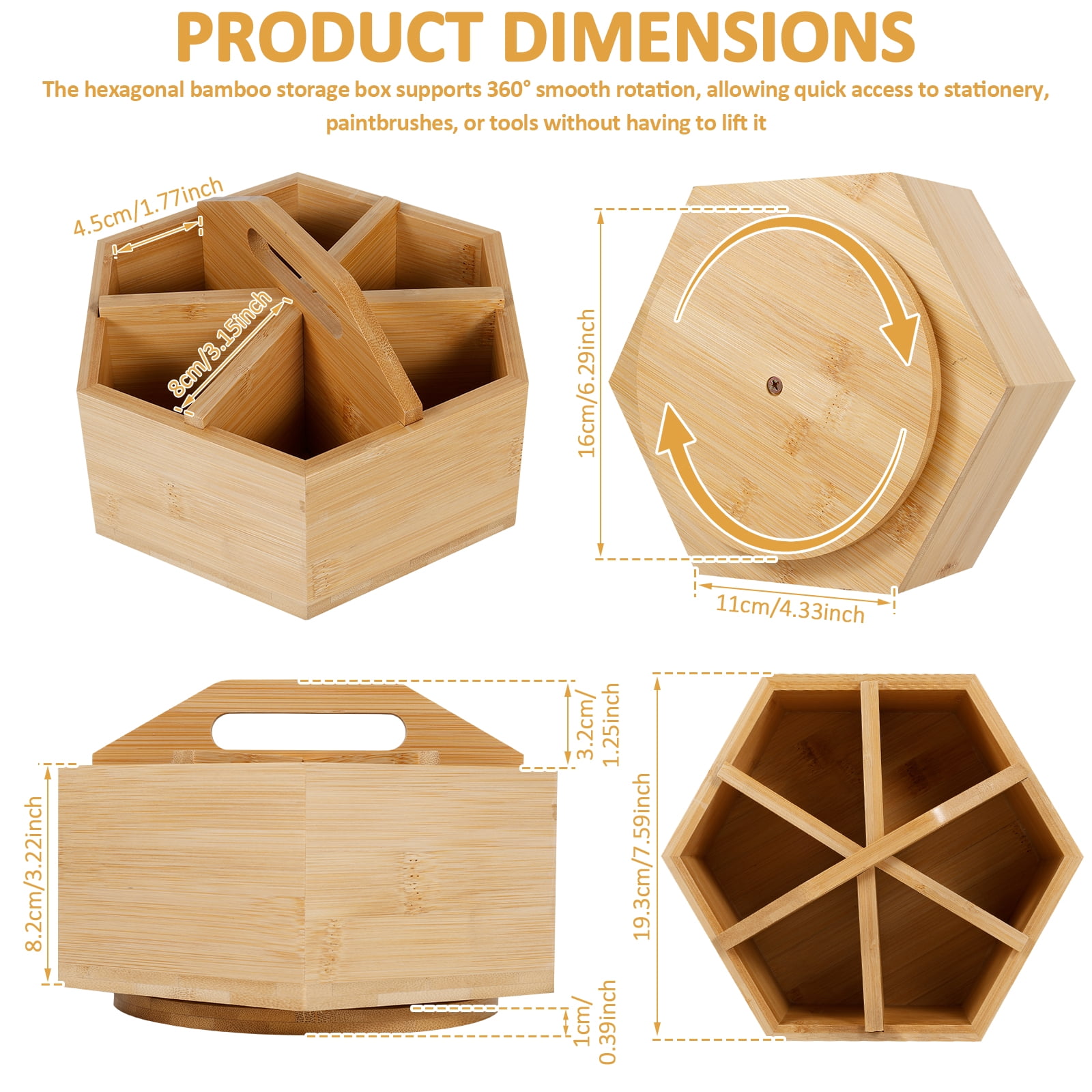 FYJUCPA Bamboo Rotating Pen Holder, Versatile Hexagon Desktop Pencil Organizer with 6 Compartments and Handle, Crayon Marker Holder for Pencil Pen and Paint Brush