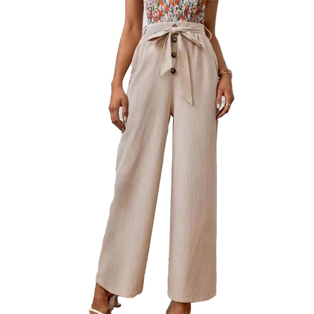 Pantalones de piernas anchas para mujer, pantalones de color sólido con botones en la parte delantera, informales, holgados, para vacaciones, citas, trabajo, vida diaria, albaricoque S