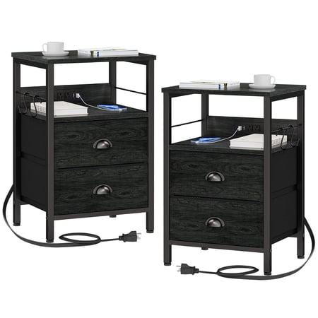 Furologee Set of 2 Nightstands, End Table with Charging Station, Bedside Table with 2 Fabric Drawers, Night Stands with USB Ports & Outlets for Bedroom, Living Room, Black Oak