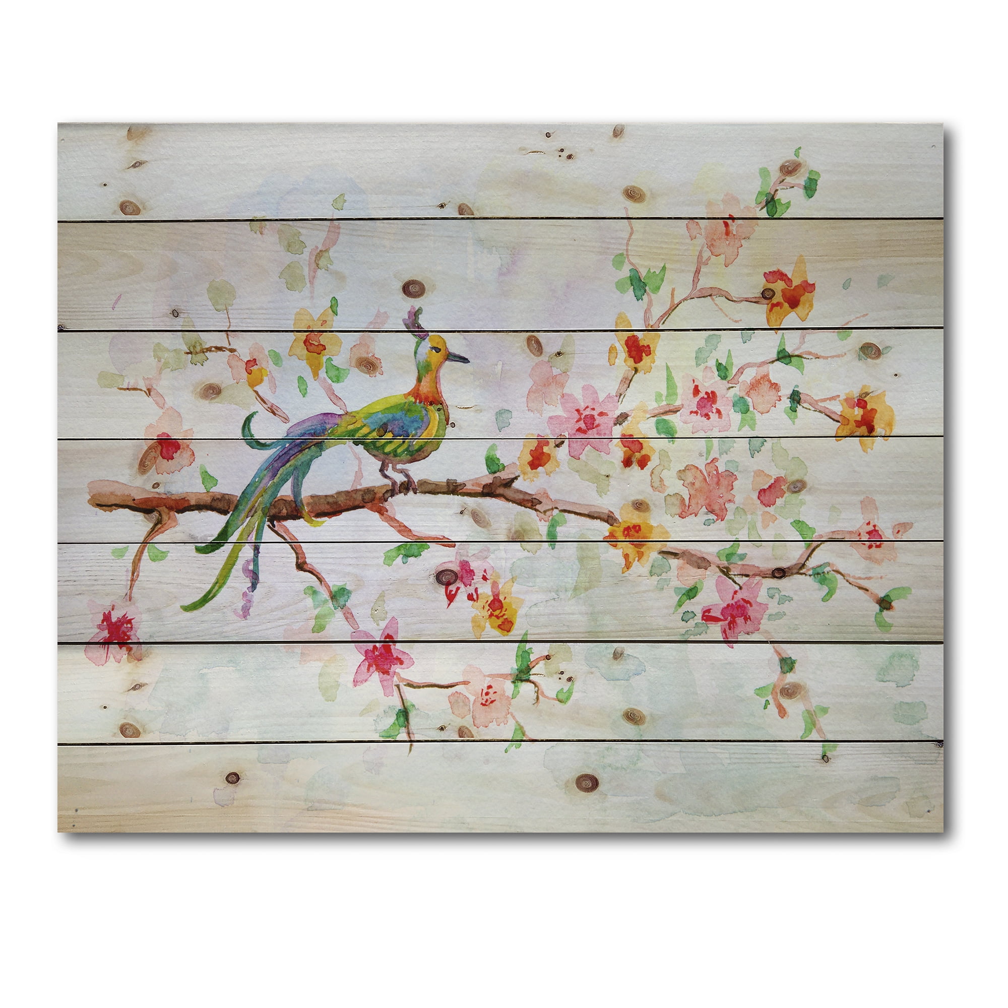 Designart 'Little Bird Sitting On Blooming Branch' Traditional Print on Natural Pine Wood