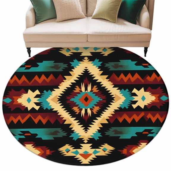 Boho Orange Teal Large Area Rugs for Bedroom Living Room, Soft Non Slip Carpet Bedside Rug, Vintage Geometric Southwestern Ethnic Round Floor Cover Kitchen Accent Rug 6' for Dining Room/Office