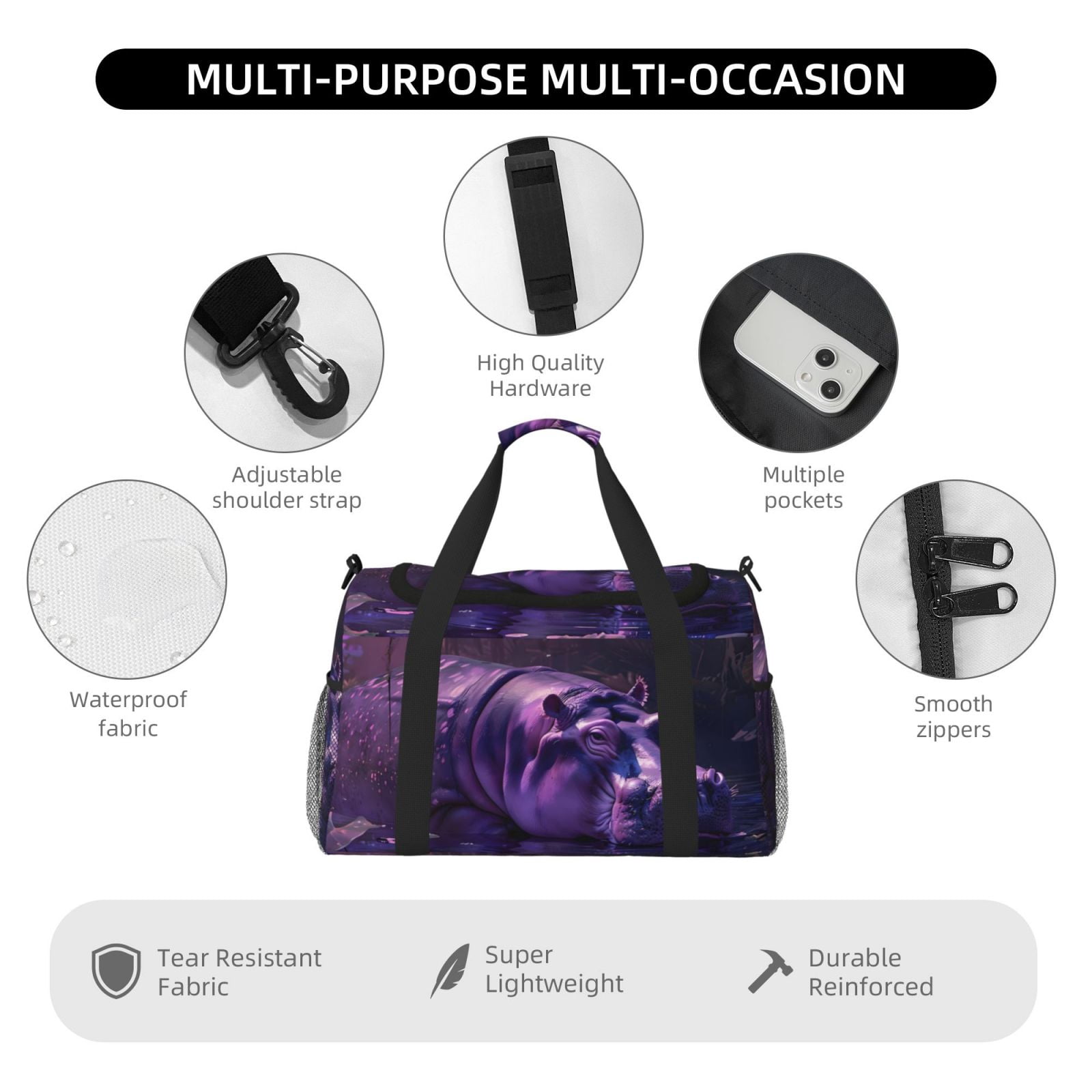 Fuzoiu Purple Hippo In Water Print Travel Duffle Bag,Carry On Tote Bags,Duffel Bag,Sport Gym Bag, Hospital Bag for Labor and Delivery, Overnight Bag,Luggage Bag