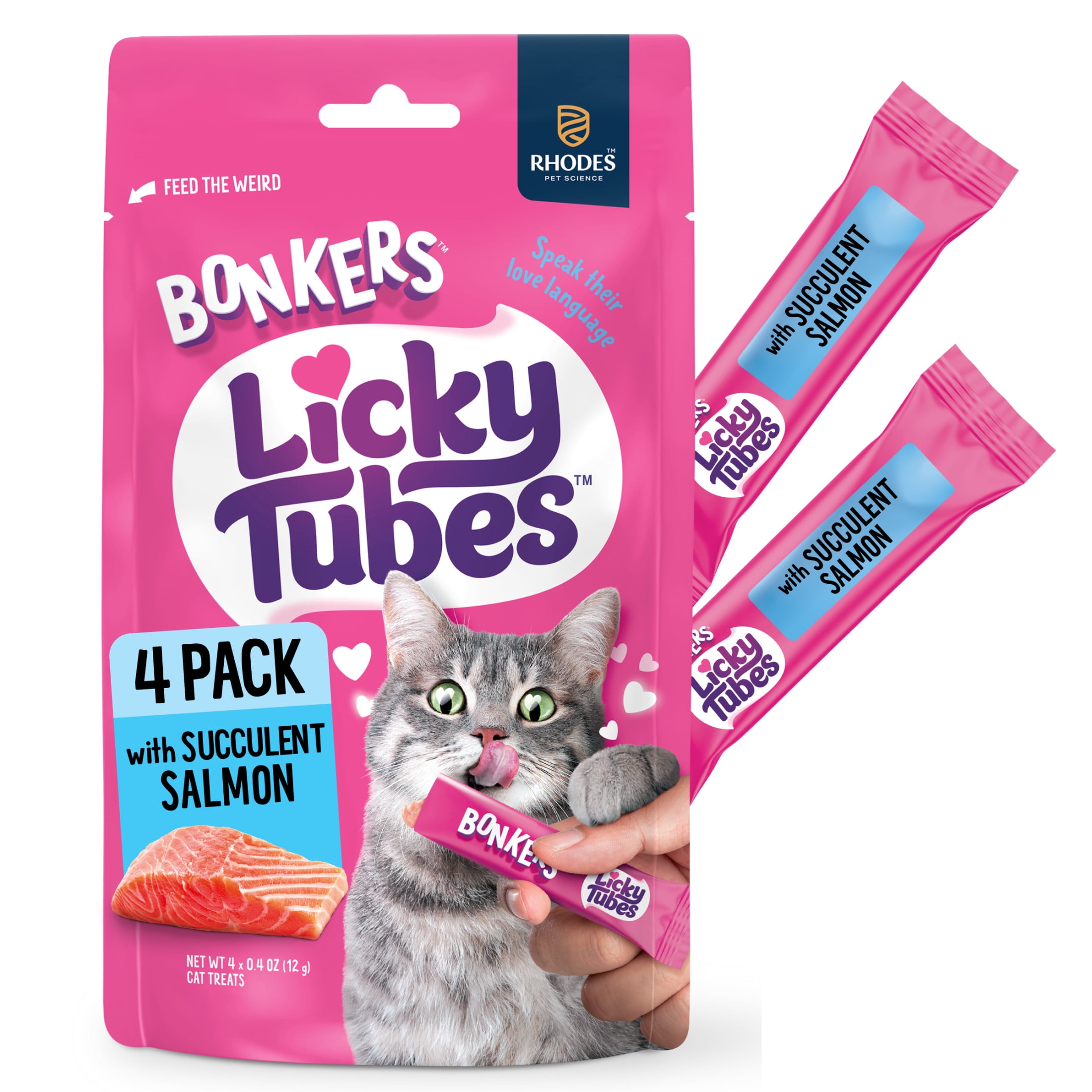 (2 pack) BONKERS Licky Tubes Salmon Flavored Wet Lickable Treats for Cats, 4 Pack