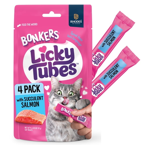 BONKERS Licky Tubes Salmon Flavored Wet Lickable Treats for Cats, 4 Pack
