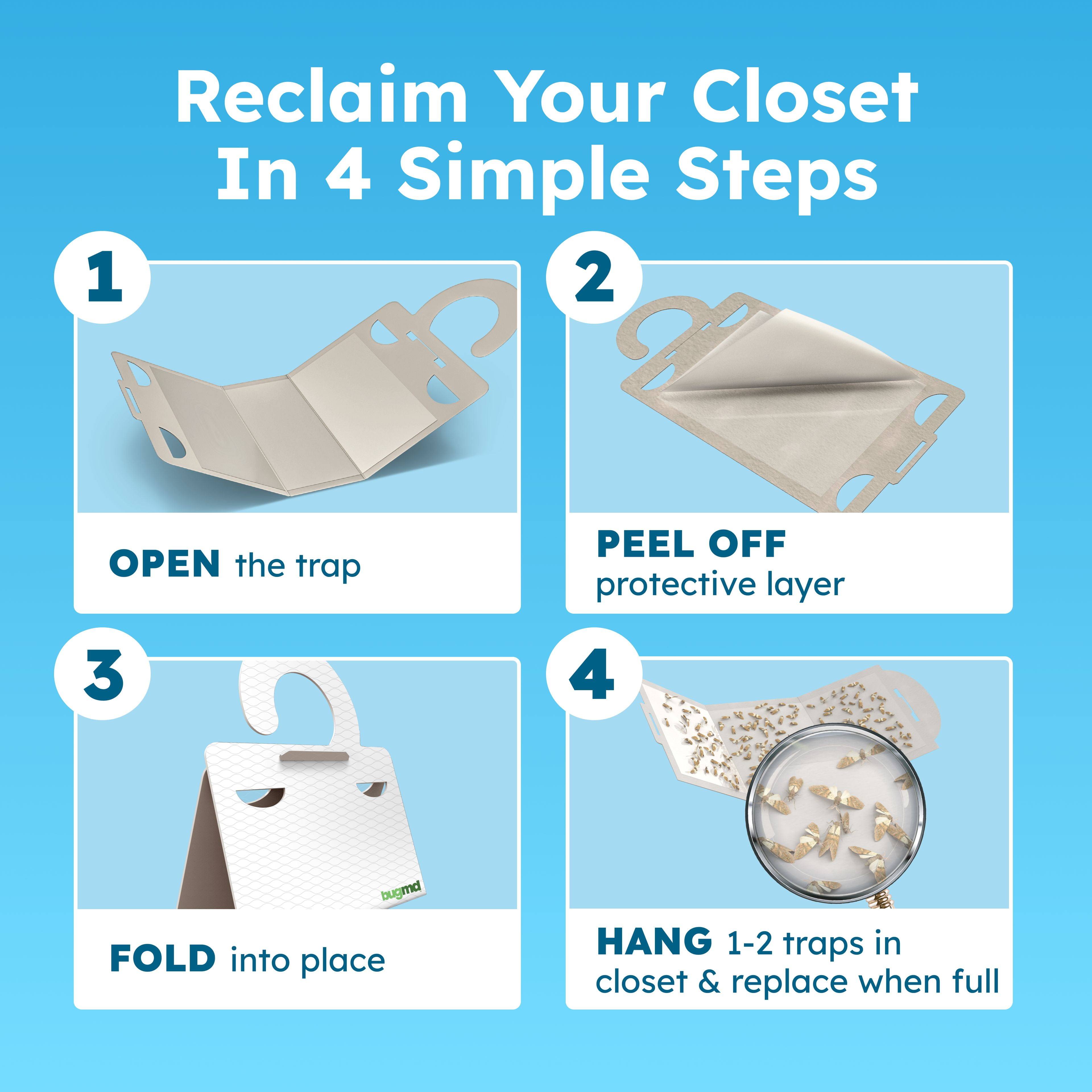 BugMD Clothes & Pantry Moth Traps (6 Count) – Sticky Glue Pheromone-Based Repellent for Closets, Cabinets & Wardrobes – Non-Toxic - White
