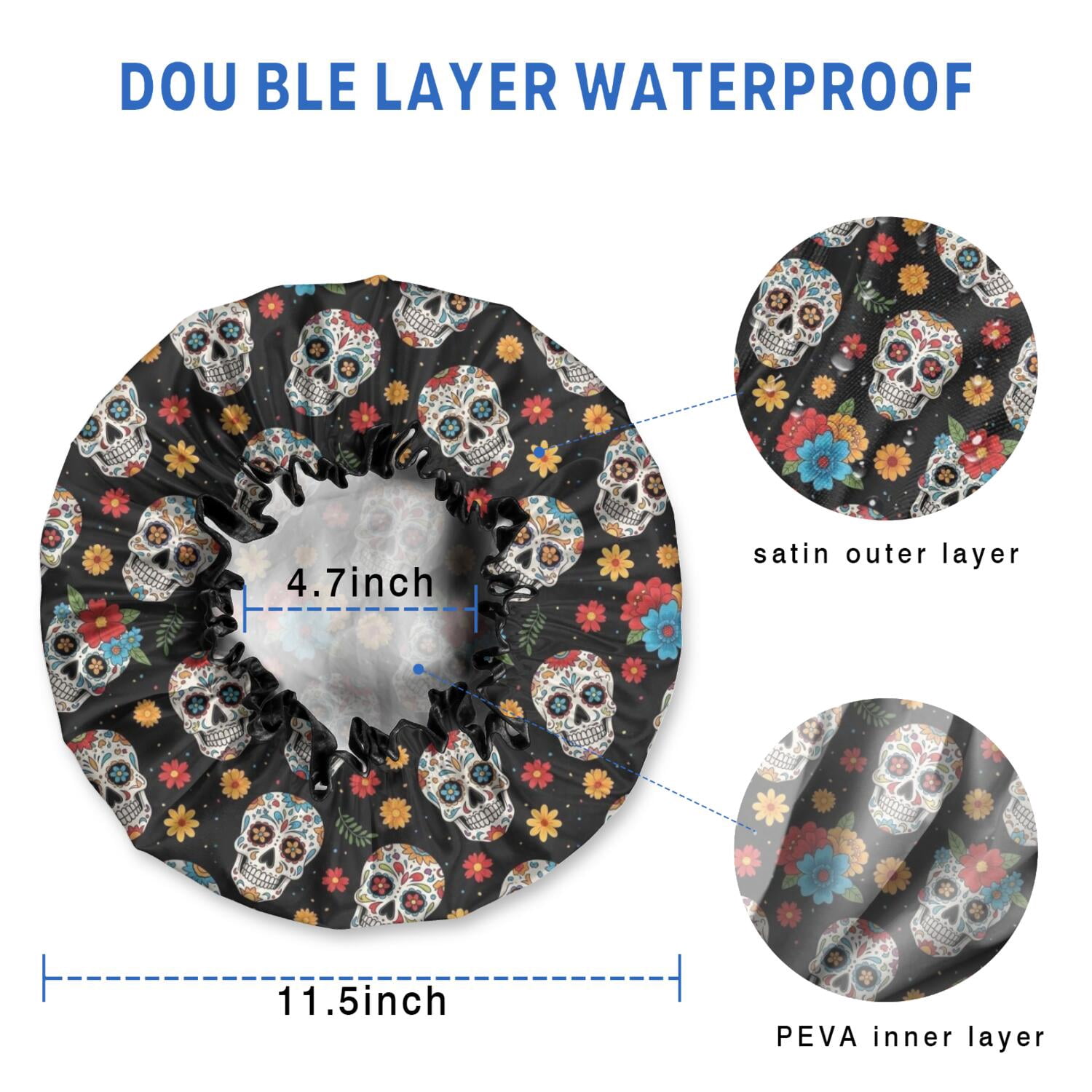 Shower Caps,Black Colorful Skull Flower Pattern Waterproof Shower Cap for Women 4 Pieces,Double Reusable Hair Cover for Shower PEVA Elastic Stretch Hem