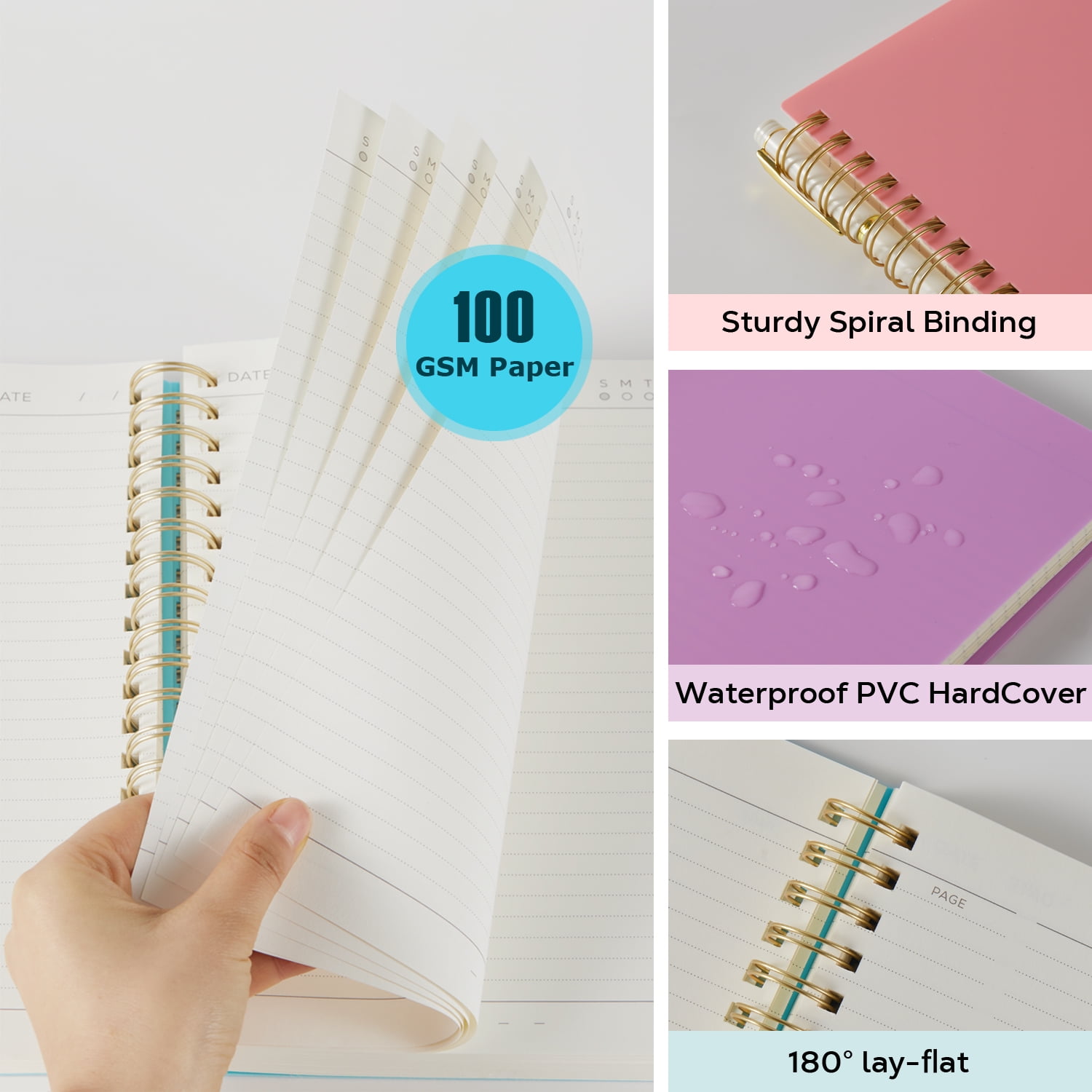 Nirmiro 3-Pack A5 Spiral Notebooks with Bookmark, 5.7"x8.4" 300 Lined Pages Each, 100GSM Thick Paper, Waterproof PVC Cover, College Ruled, Pastel Colors for Work & Office