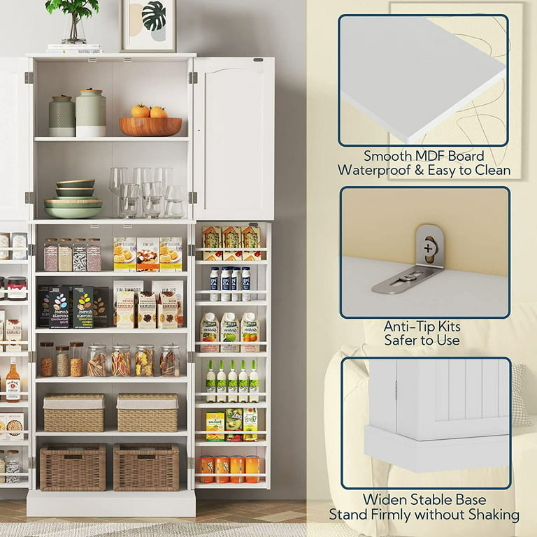 Tall Kitchen Storage Food Pantry Cabinet Cupboard with Doors and Shelves  White