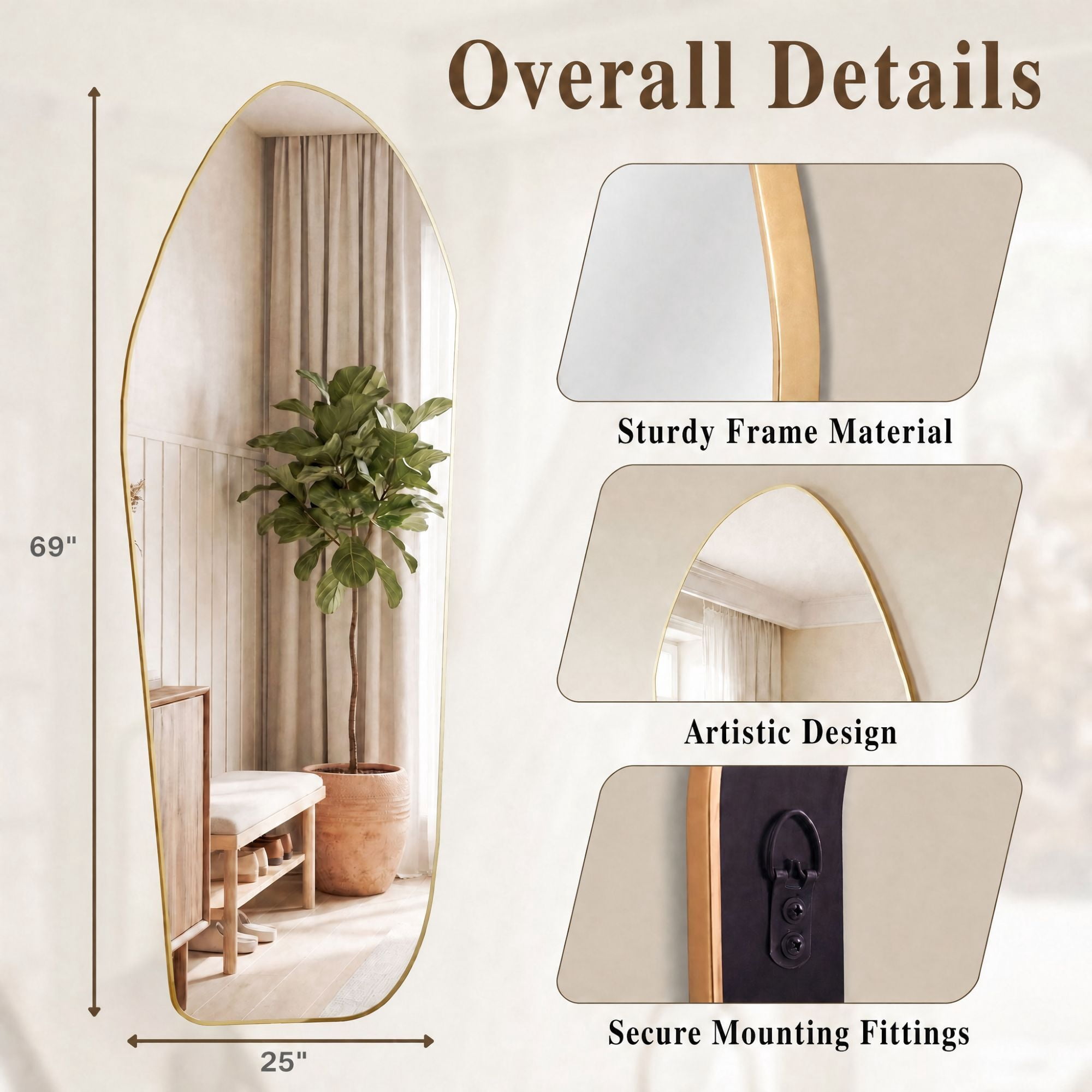 Easy4Home 69"x25" Irregular Full Length Mirror Decorative Standing Floor Mirror Wall Mounted, Gold