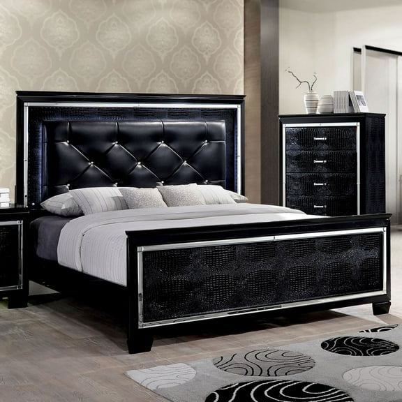 Contemporary Bellanova 1pc California King Size Bed Set Bedroom Furniture Leatherette Tufted HB w LED Black Texture Bedframe