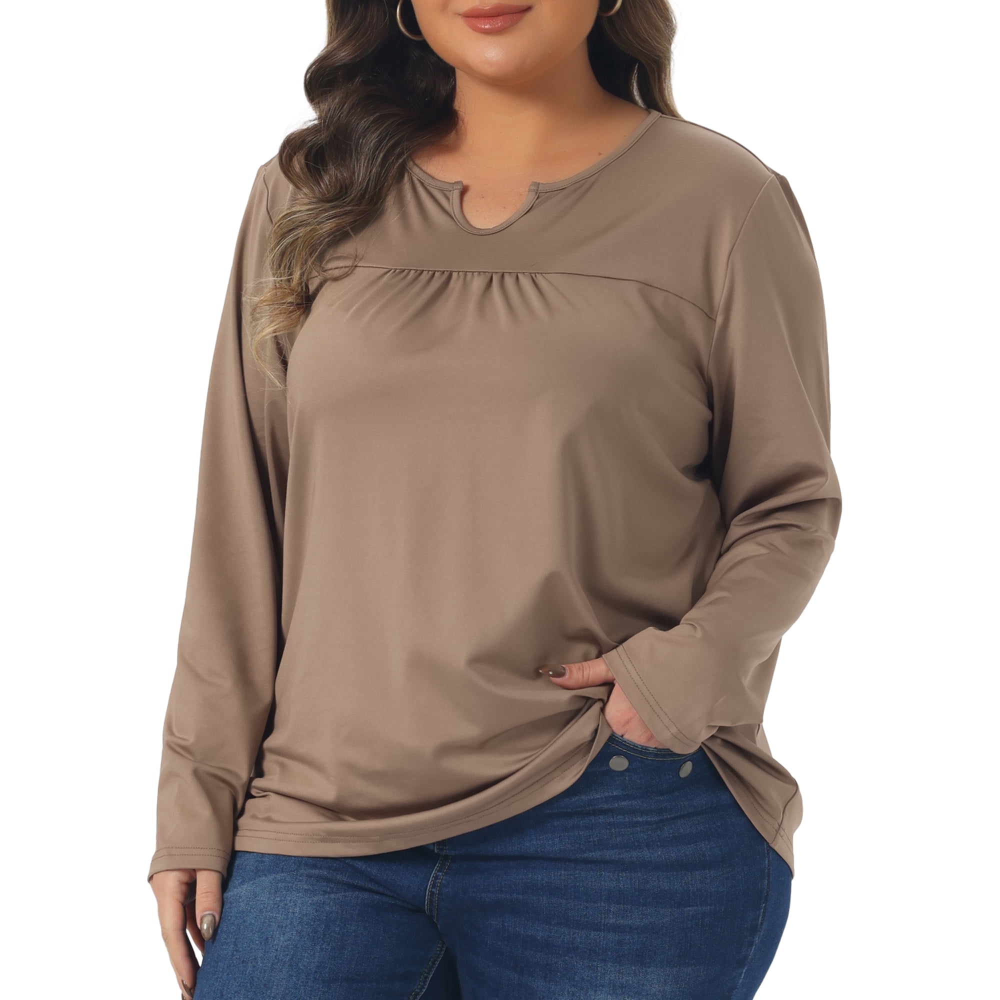 DARING DIVA Women's Plus Size Long Sleeve Notched Neck Loose Tops 4X Khaki