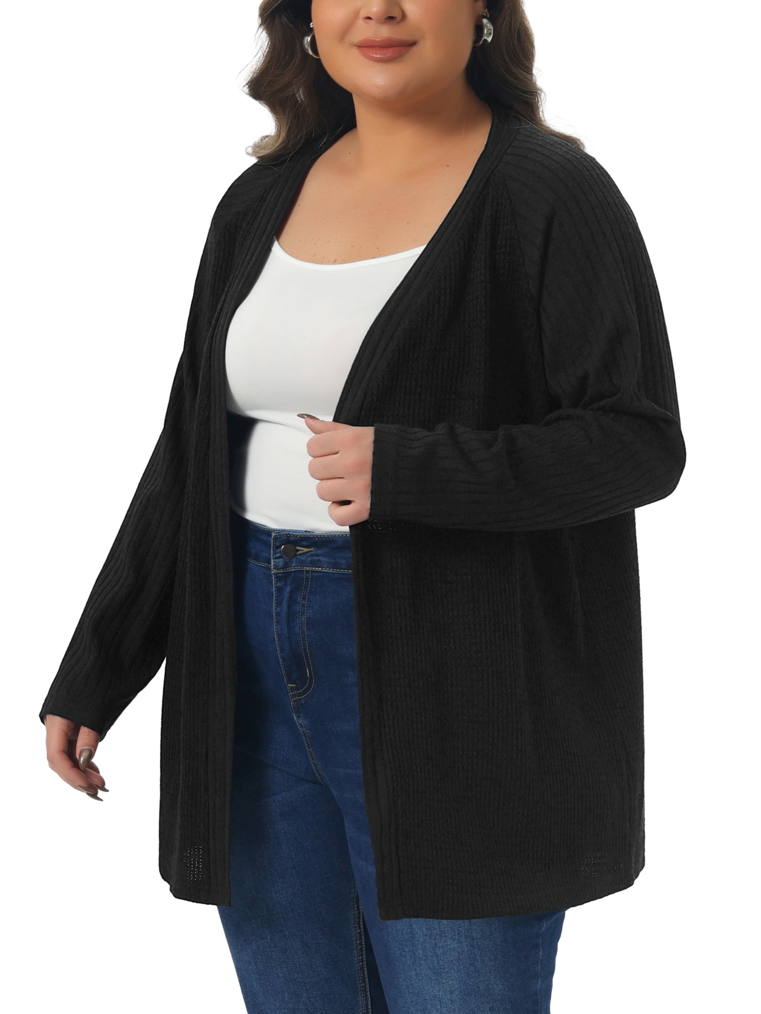 DARING DIVA Women's Plus Open Front Long Sleeve Lightweight Cardigans 3X Black