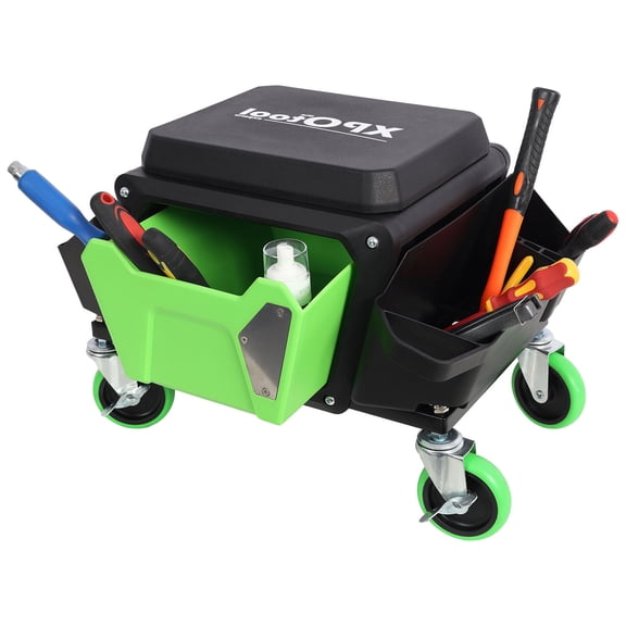 Garage Stool With 330lbs Load Capability In Green And Black, Rolling Work Seat Featuring Wheels And Tool Storage For Mechanics