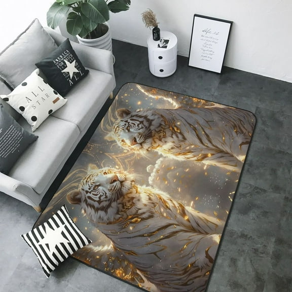 Area Rugs For Living Room Decor - Golden White Tiger Soft Anti Slip Throw Washable Rugs 5x7 For Bedroom, Indoor Carpet For Bedroom Living Room 80x58In