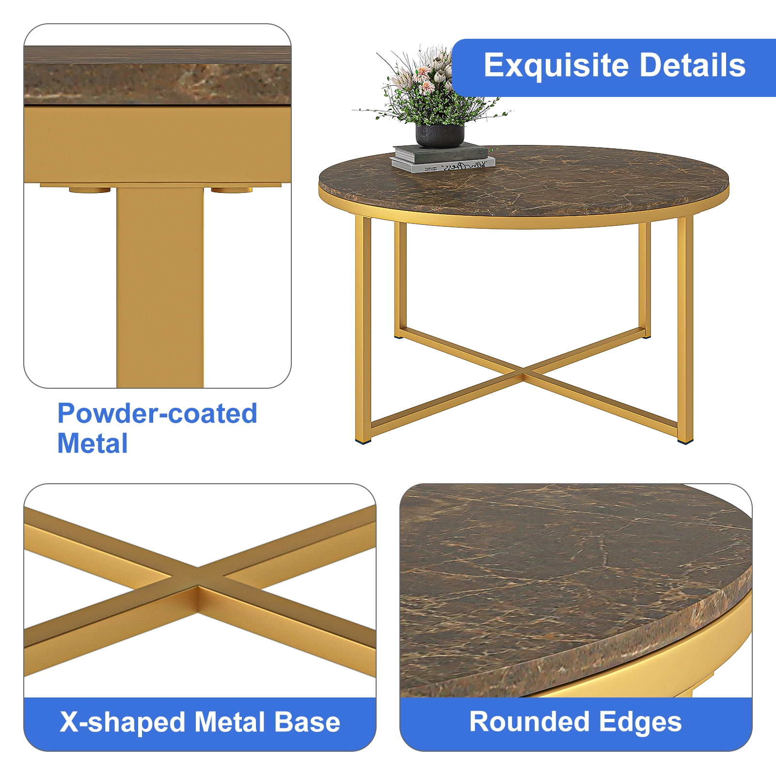 Kadyn Cross Legs MDF Coffee Table, Modern Metal Tea Table with Metal Base, Round Sofa Center Table Cocktail Table for Living Room, Golden Kadyn Cross Legs MDF Coffee Table, Modern Metal Tea Table with Metal Base, Round Sofa Center Table Cocktail Table for Living Room, Golden
