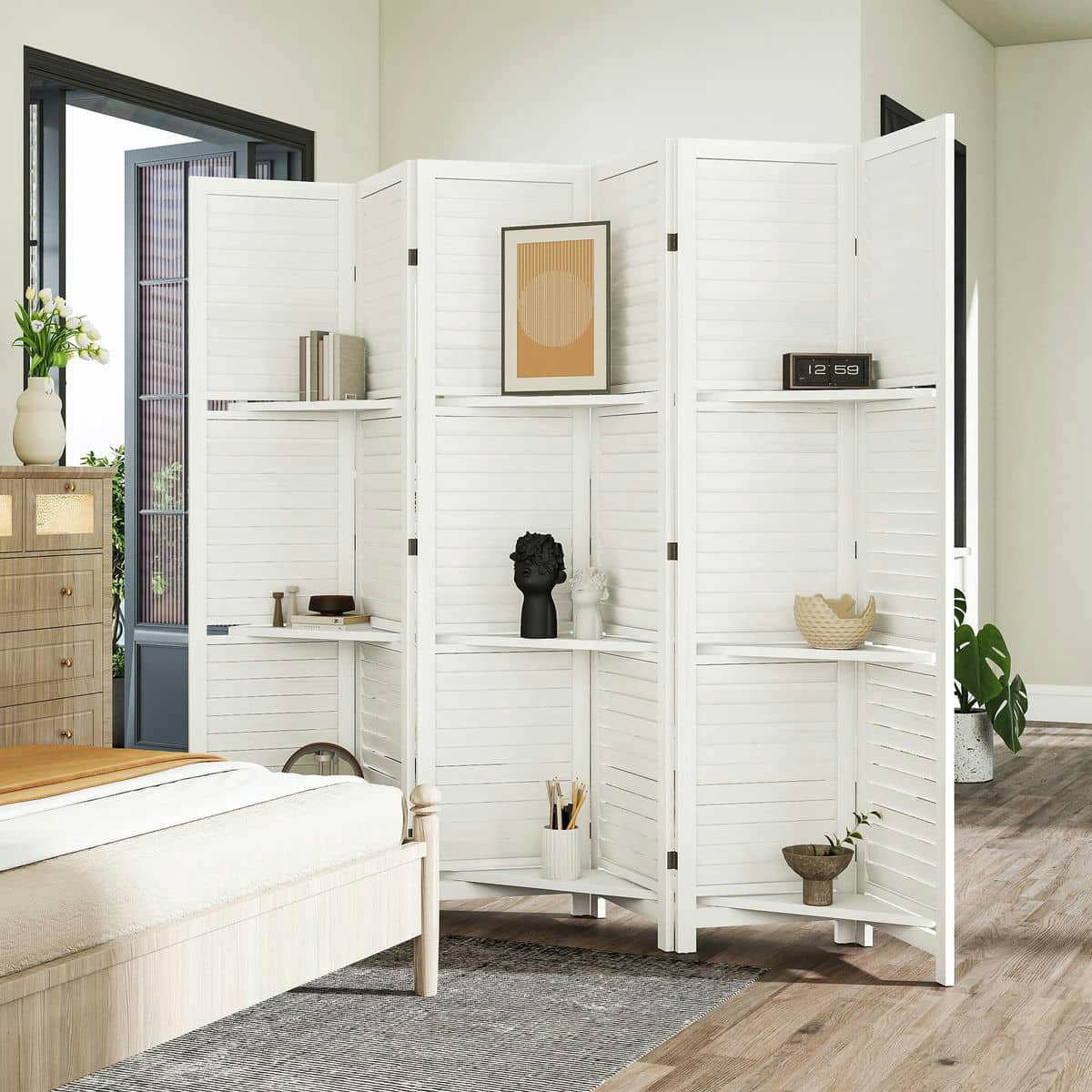 Spaco 6 Panel 67" Tall Wood Privacy Screen, Room Divider with 3 Shelves and Folding Storage, Privacy Screen for Indoor as Living Room, Bedroom, White