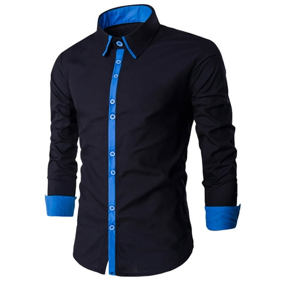 KeShDi Mens Dress Shirts Mens Slim and Fashionable Color Blocking Collar Long Sleeved Shirt Blue L