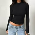 thumbnail image 4 of ATOYSOY Women's Fashion Solid Color Pullover Outwear Slim Basic Cropped Tops Casual Cotton Shirts Long Sleeve Tees Fall Winter High Neck Sweatshirts Black L, 4 of 6