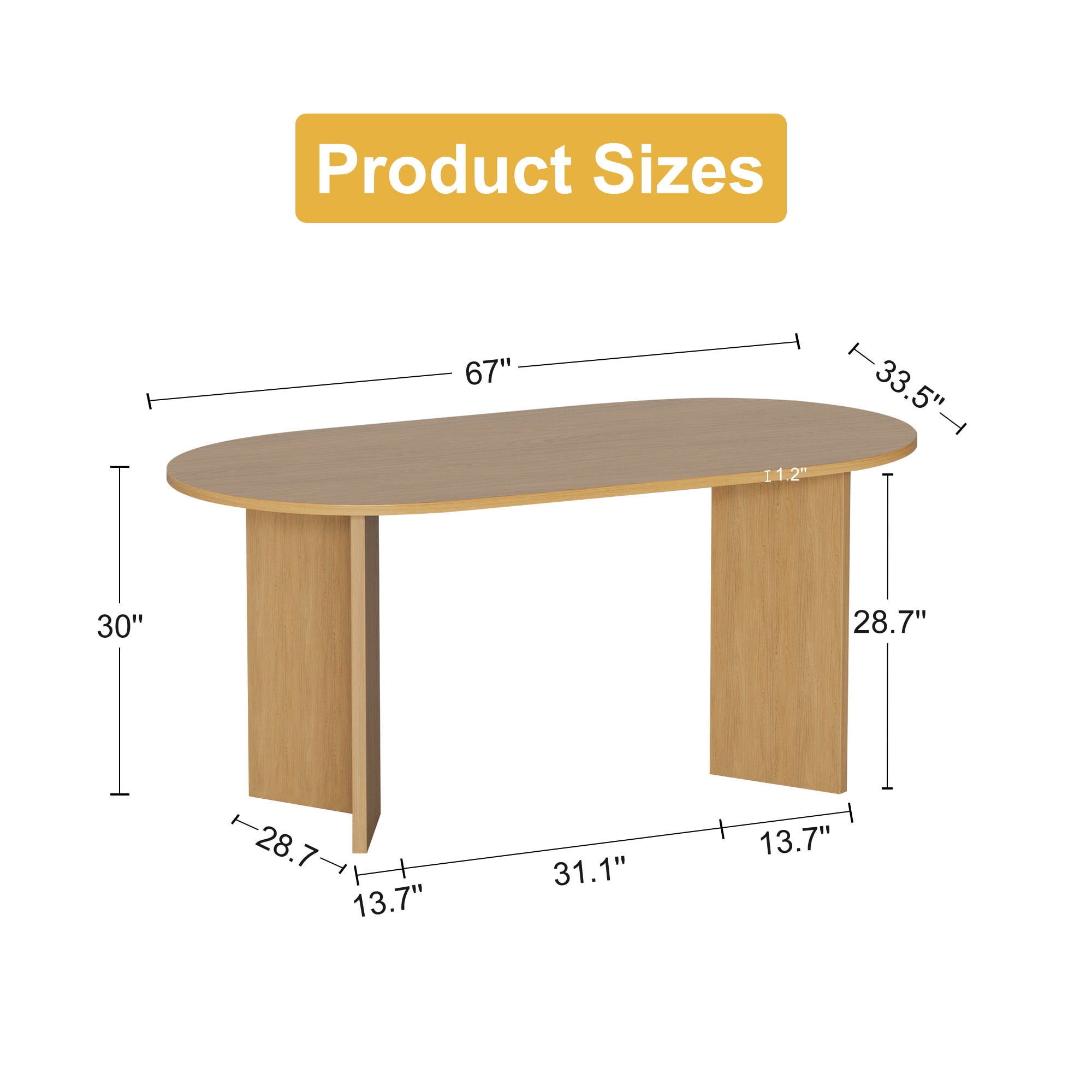 MAYEERTY 67x33.5x30in Oval Dining Table with V-Shaped Legs, Natural Wood Color