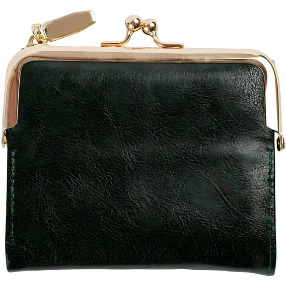 4.96 x 4.37 Inch Small Women Kiss Lock Wallet with Zipper RFID Vintage Blocking Bifold Ladies Compact Wallet Rectangle PU Leather Coin Purse for Women Travel Money Organizer (See Green)