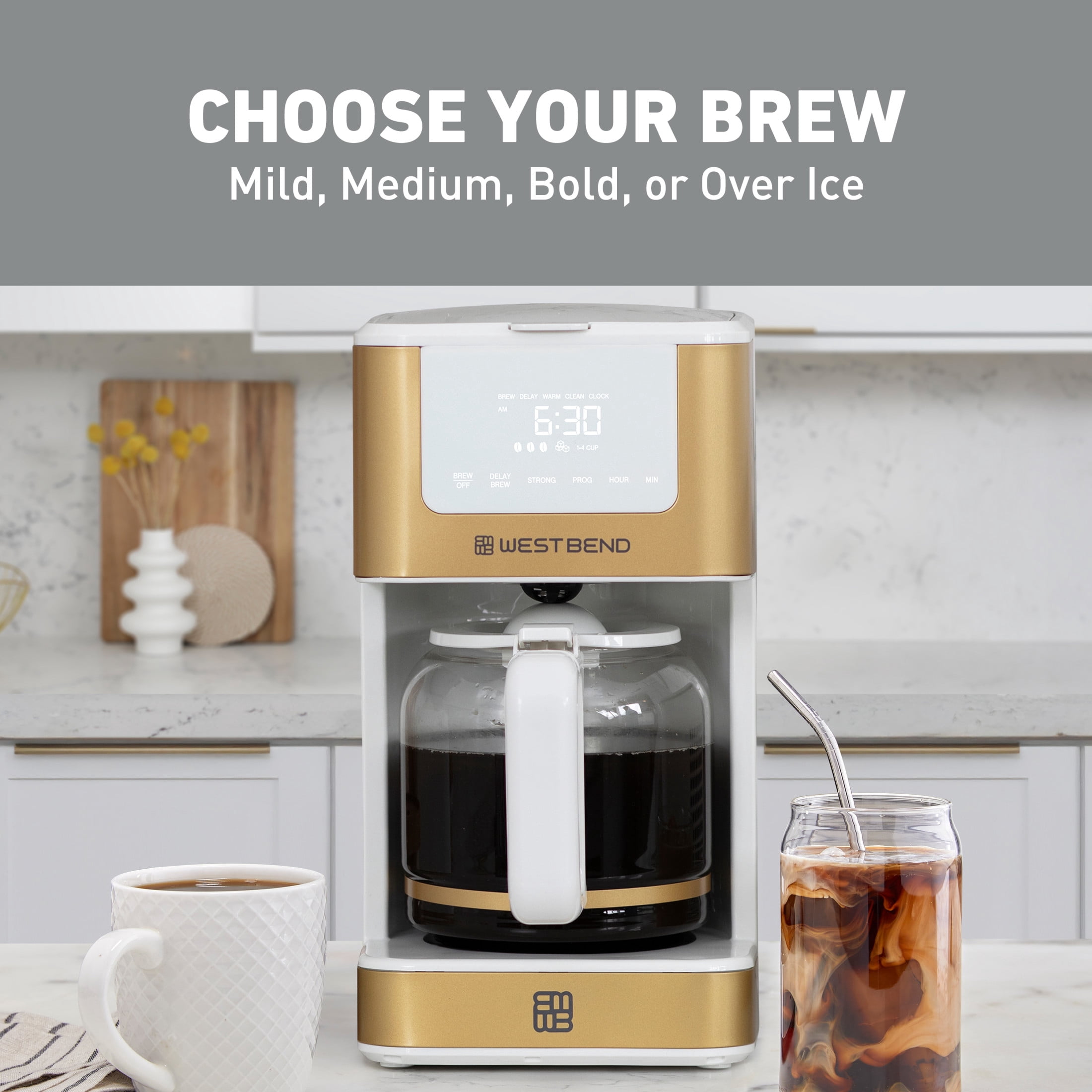 West Bend Timeless 12 Cup Hot & Iced Coffee Maker, in White/Gold (CMWB12WG13)