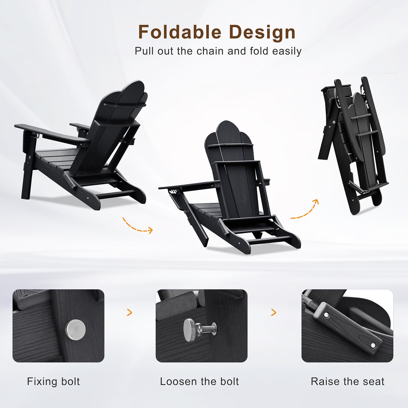 JP OUTDOOR Folding Adjustable Adirondack Chair with Ottoman & Cup Holder,HDEP Multifunctional Adirondack Chair with Footrest,Black
