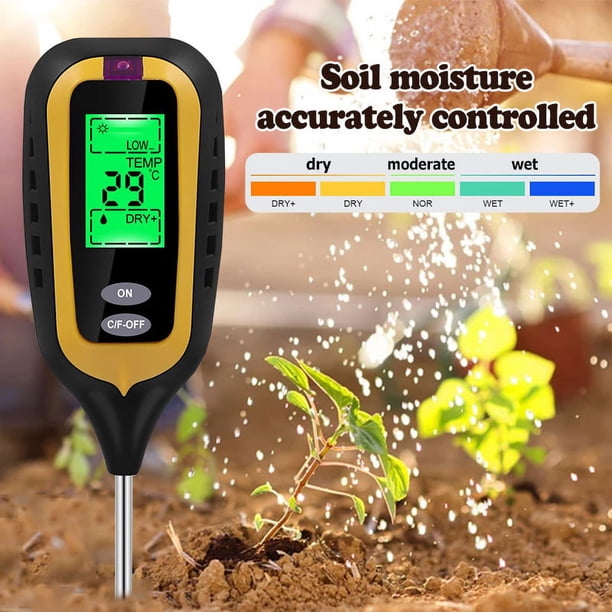 Probador de suelo pH humedad temperatura luz 4 en 1 medidor de pH humedad del suelo probador electrónico de tierra para plantas de jardín, amarillo, 81*350*40mmNota: Todos los datos se miden manualme