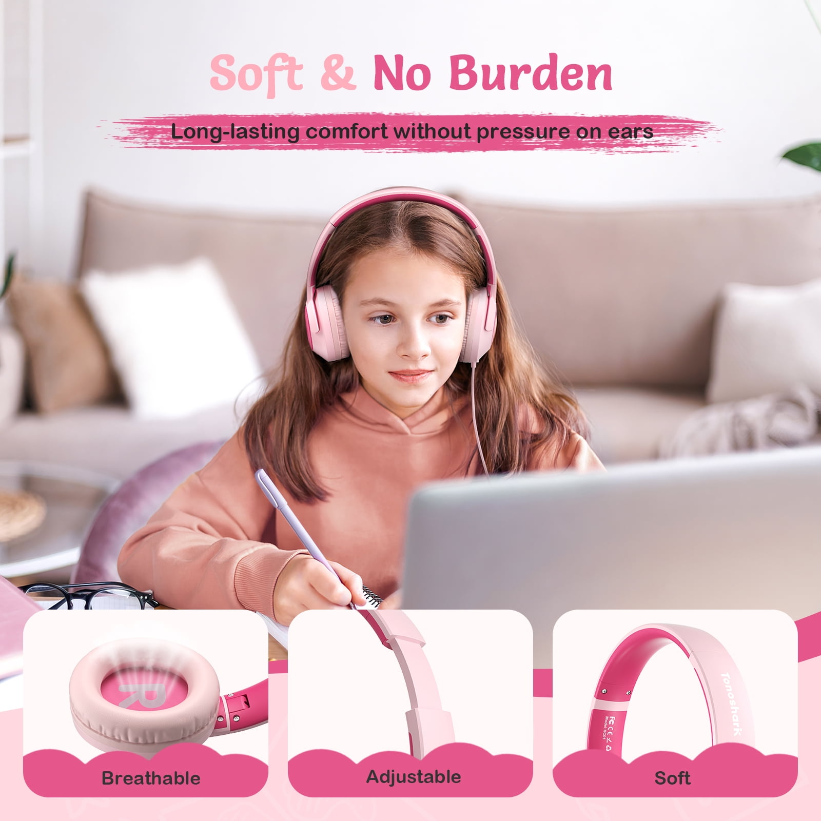 Tonoshark Kids Wired Headphones with Microphone, Volume Limited to 85/94dB Pink Earphone for Girls, Foldable 3.5mm Jack Headset for School & Travel, Includes Portable Case