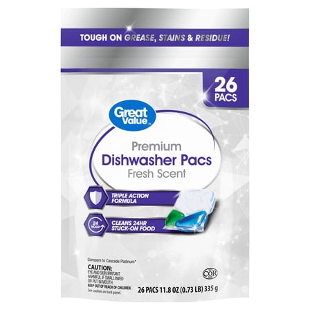 Great Value Premium Dishwasher Pacs, Fresh Scent, 26 Count
