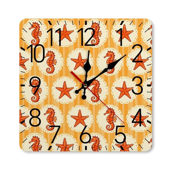 RKSupls 10×10inch Square Silent Wall Clock Wooden Frame, Seahorse Starfish Stripe Scale Decorative Clock for Home Bedroom Living Room Office