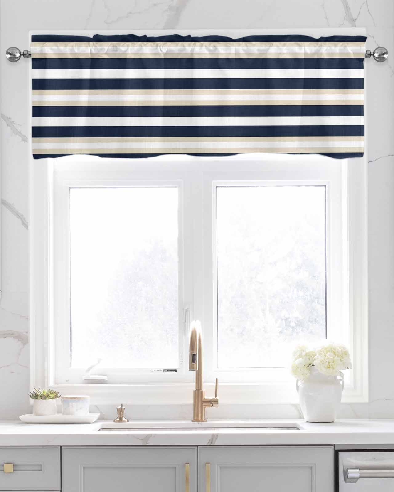 Khaki Navy Blue Striped Kitchen Valances for Windows Farmhouse Linen Window Valance Curtain for Living Room Window Treatment Farmhouse Abstract Lines Art Valance Rod Pocket Topper Drape, 54 x 18 Inch