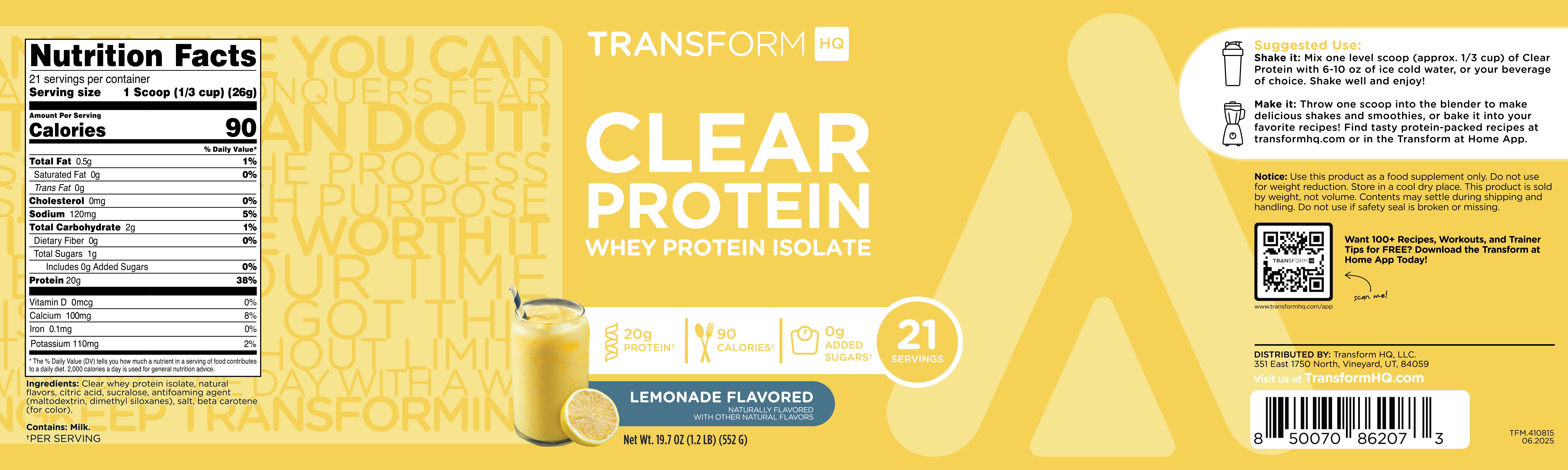 TransformHQ Clear Whey Protein Isolate (WPI) (Lemonade Flavored) 21 Servings - 20 Grams Protein Per Serving