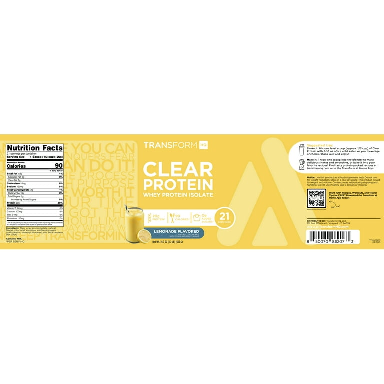 TransformHQ Clear Whey Protein Isolate, Lemonade Flavor, 20g