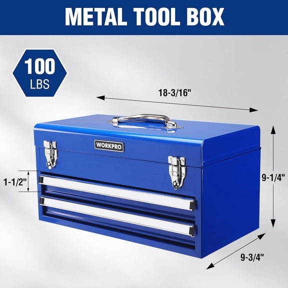 Tool Box with Drawers, 18 Inch with 2 Drawers and 1 Top Storage, Portable Toolbox with Metal Latch and Liner for Garage, Office and Home Storage, 100 LBS Load Capacity (Totally)