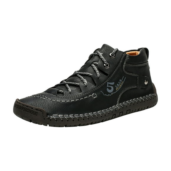 Mens Leather Shoes Flat Soft Bottom Comfortable High Top Lace Up Outdoor Cowhide Ankle Chukka Boots Winter Casual Shoes Slim Leather Shoes Black