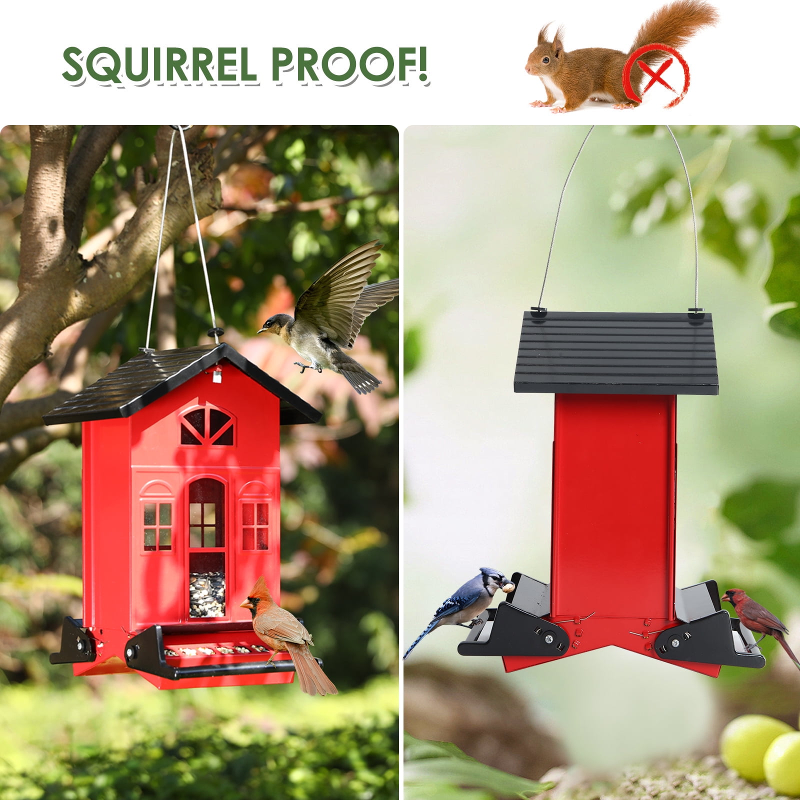 Birdkiss 5lbs Squirrel-Proof Wild Bird Feeder with Bilateral Weight-Activated Perches, 14 Feeding Ports, Outdoor Bird Feeder for Garden Yard Outside, Red