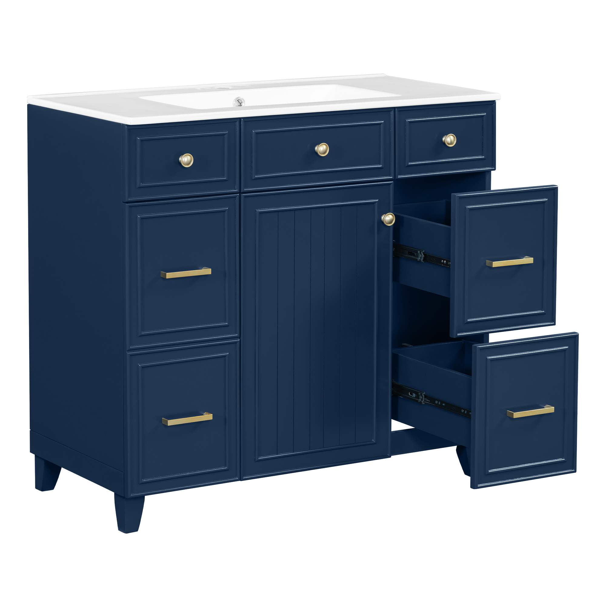 viswild 36" Bathroom Vanity with Ceramic Sink, Solid Wood, Soft Close Doors, 3 Drawers & Double-Depth Storage, Space Saving Design for Small Bathrooms, Blue