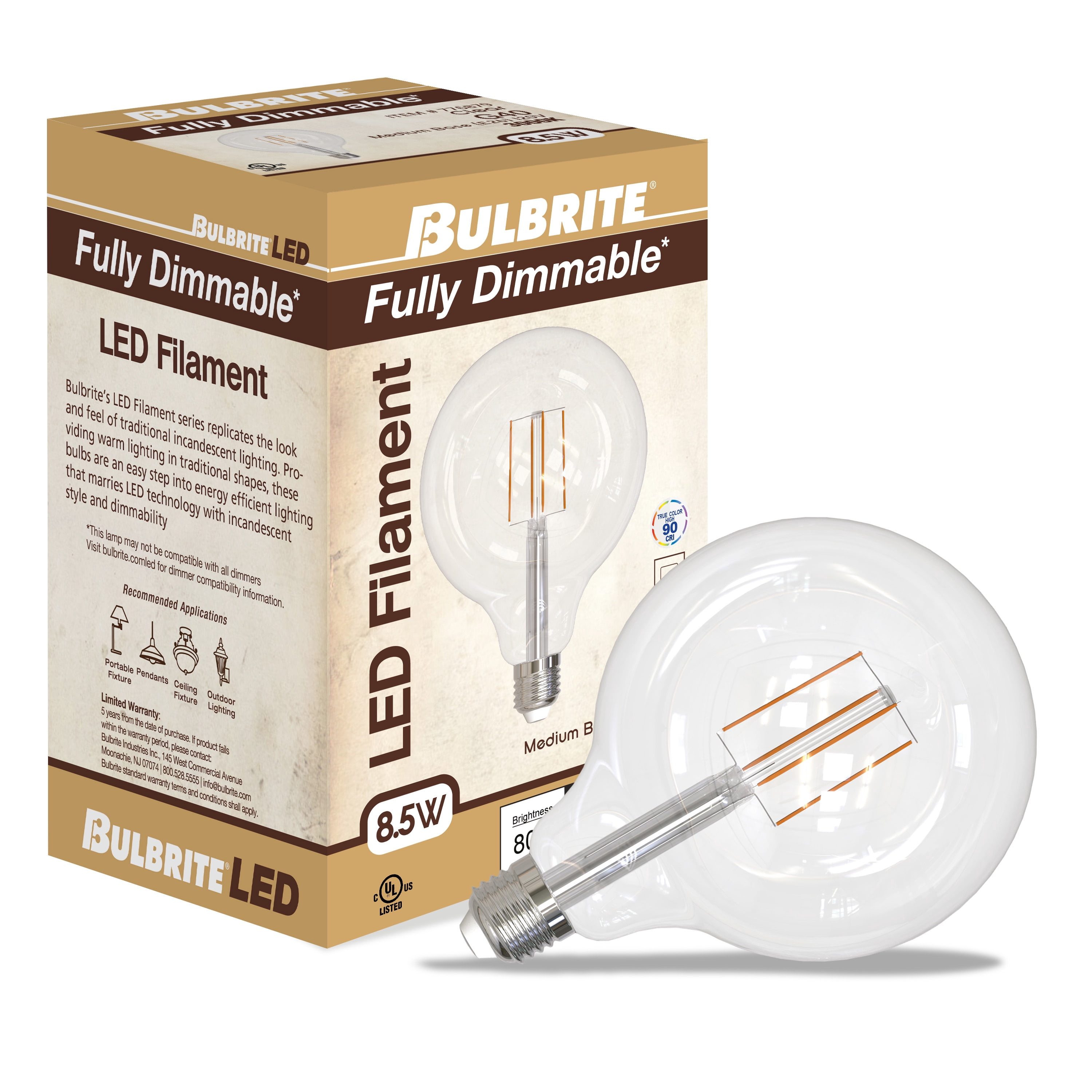 Bulbrite Pack of (2) 8.5 Watt Dimmable Clear Filament G40 Medium (E26) LED Light Bulb - 800 Lumens, 3000K