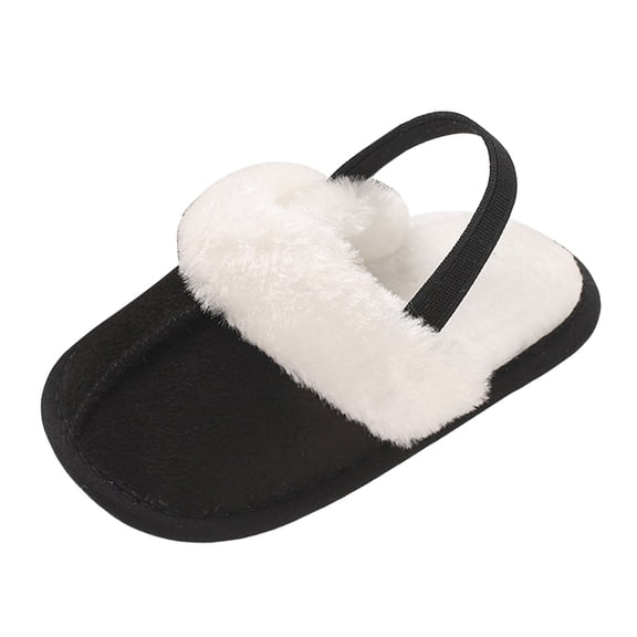 Quealent Baby House Slippers Toddlers Infants Fuzzy Slippers 0-18 Months Boys Girls Cozy Fleece Shoes with Heel Strap Black for Size 3.5