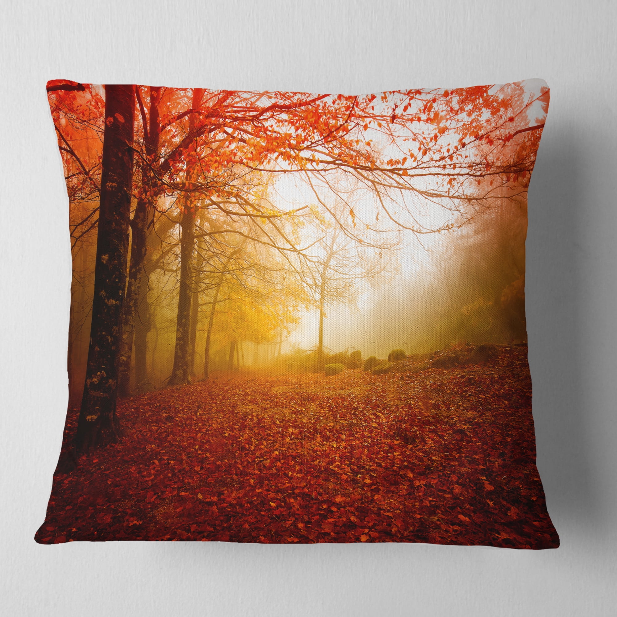 Designart Yellow Sun Rays in Red Forest - Landscape Photography Throw Pillow - 16x16