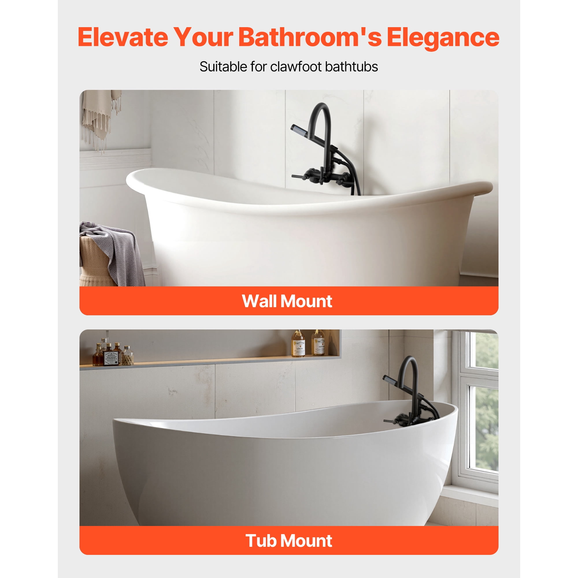 KFFKFF Wall-Mounted Clawfoot Tub Faucet with Handheld Shower, Vintage Matte Black Bathtub Filler Kit Featuring Adjustable Swing Arms & Rotating Gooseneck Spout for Bathtubs