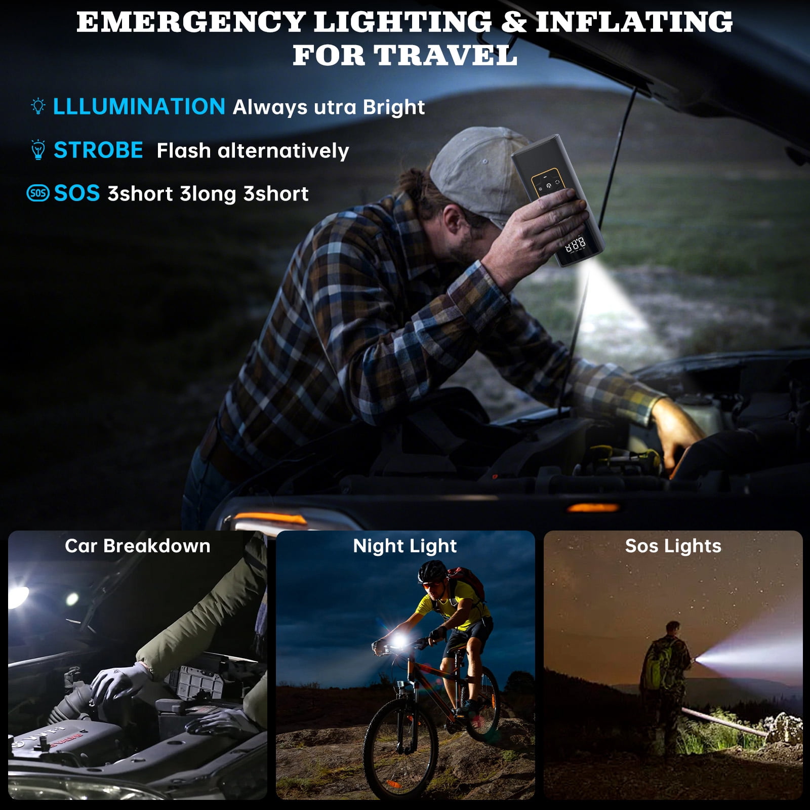 Tire Inflator Portable Air Compressor, 150PSI Portable Air Pump for Car Tires with Digital Pressure Gauge, Cordless Air Pump W/ Powerful Battery&Emergency LED Light for Cars, Bikes, Motorcycles,Balls