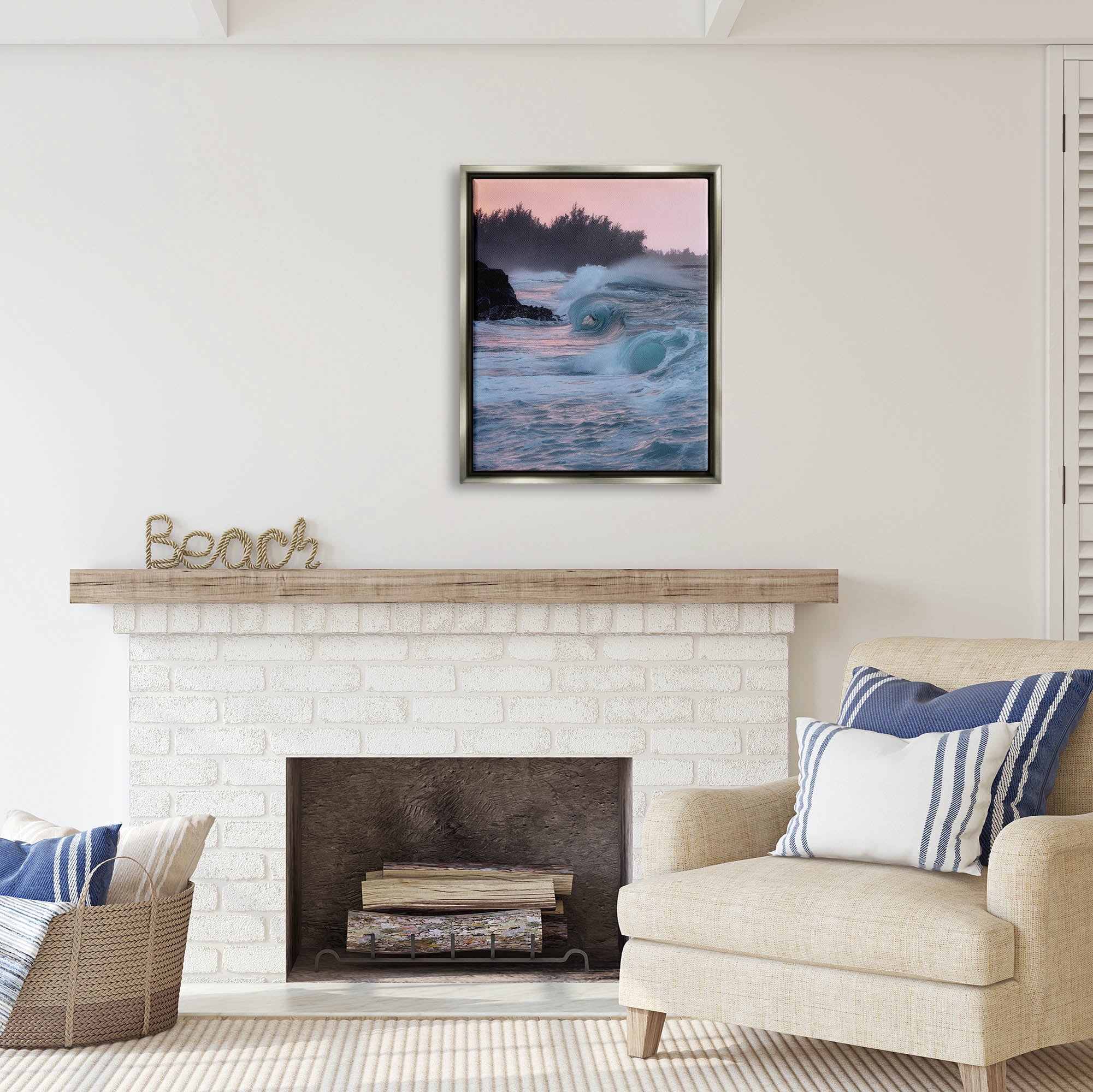 Stupell Industries Rolling Sea Waves Pink Sky Coastal Photography Gray Floater Framed Art Print Wall Art