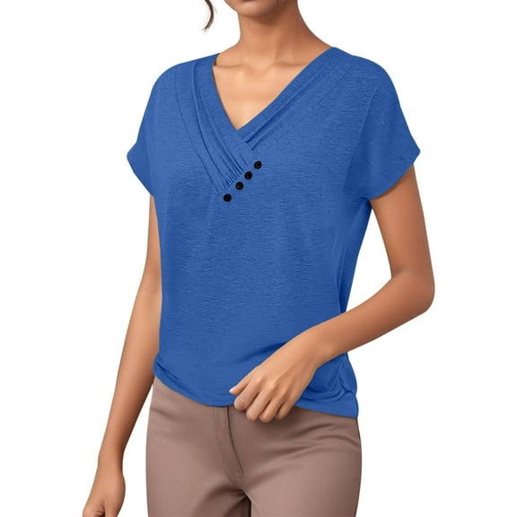 DuoJiaJ Women's Summer Solid Color V Neck Casual Short Sleeve T Shirt Women’s T-Shirts Blue