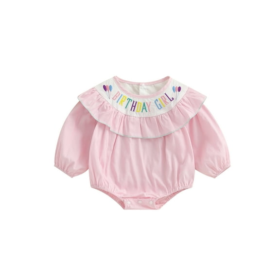 Gzhioc Infant Baby Girl Birthday Fall Romper 0 3 6 12 18 Months Long Sleeve Ruffled Round Neck Letter Ballon Embroidery Jumpsuit Bubble Bodysuit