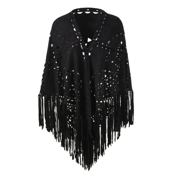 Bufanda poncho abierta con flecos de ante para mujer - Estampado perforado, poliéster, talla única - 190 cm de largo